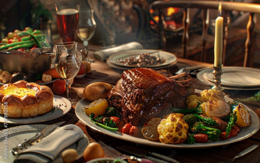 A festively set table for a Thanksgiving dinner with a roasted turkey, mashed potatoes, cranberry sauce, and other side dishes. A festively set table for a Thanksgiving dinner with a roasted turkey, mashed potatoes, cranberry sauce, and other side dishes.