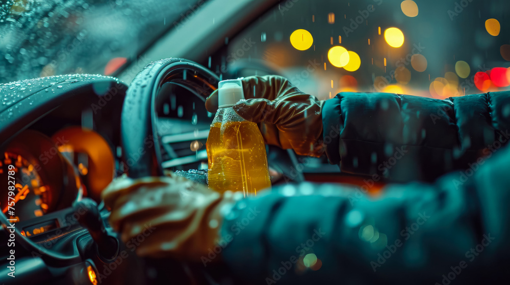 visual representation of our signature scent application, with a technician using a specialized diffuser to infuse a clean and refreshing fragrance into a car's interior after thorough cleaning - obrazy, fototapety, plakaty 