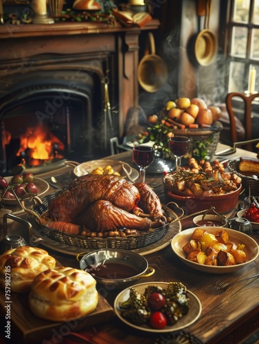 A festively set table for a Thanksgiving dinner with a roasted turkey, mashed potatoes, cranberry sauce, and other side dishes.