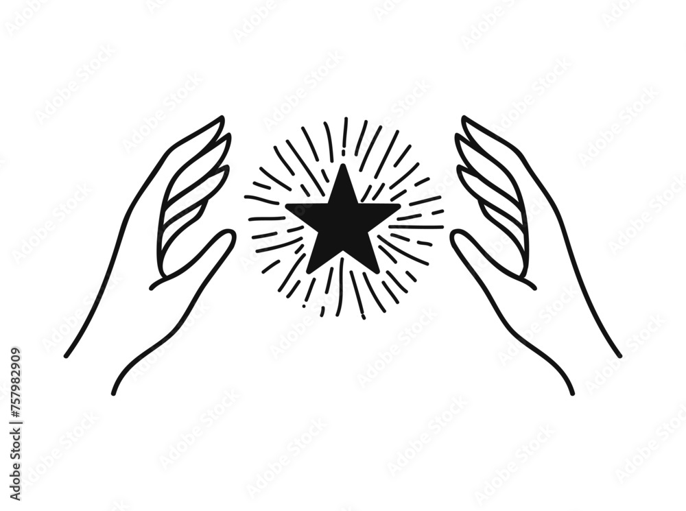 Hand star line art vector design, hand drawn celestial boho logo or emblem. Magic Symbol for decoration cosmetics, market and packaging or beauty products