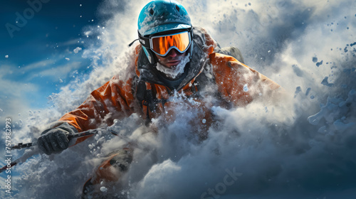 Skiing in Alps, Snow-covered peaks, Action-packed descents, Winter sports thrill, Skiing equipment, Alpine vistas, Powder snow landscapes, Energetic athletes, Snow adventure, Frosty escapades