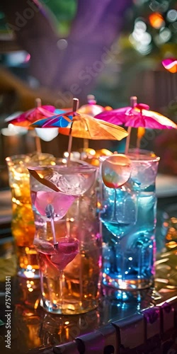 Colorful cocktails garnished with umbrellas, poolside paradise
