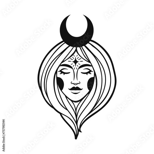 Fairy girl with space hair. Astrology concept, fortune tellers, predictions. Logo vector illustration. Witchcraft, spirituality. Coloring book