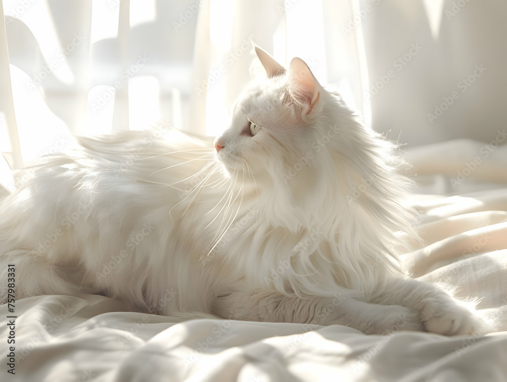 A white cat with shiny fur shining in the sunlight. High-resolution