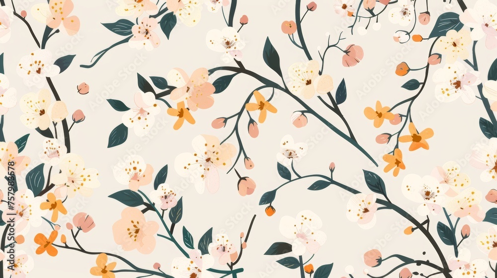 An endless floral pattern is featured in this modern illustration. Endless background, spring flowers, branches, sprigs for wallpaper, textile, fabric, wrapping.