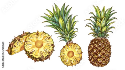 A wedge of pineapple is cut in half. Bits of exotic tropical fruit are drawn in a vintage manner. A slice of pineapple is sliced into a round shape, and another slice is cut into a wedge shape.