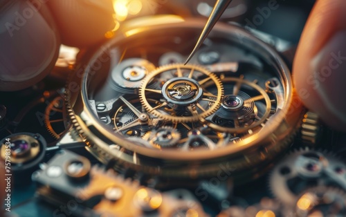 A close-up of a watch repair technician meticulously working on a pocket watch. The technician wears a white glove and uses a small screwdriver to manipulate a tiny screw on the watch mechanism.