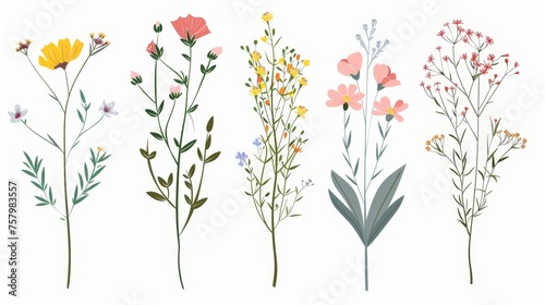 Field blooms  spring floral plants  blossomed branches  abstract botanical elements. Soft wildflower decoration. Flat modern illustration isolated on white.