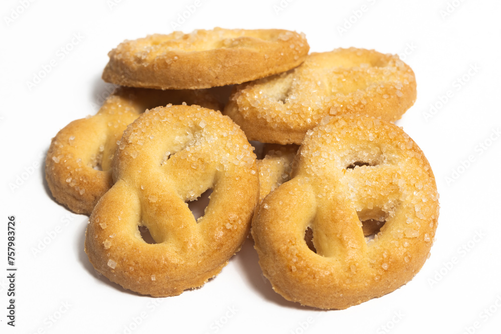 Group of danish butter cookies the pretzel cookie isolated on white background clipping path Group of danish butter cookies the pretzel cookie isolated on white background clipping path
