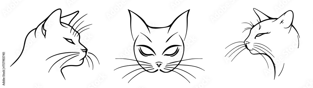 Pets animals Set Collection Symbols Icons for logo - Black fine line art silhouette of cat cats head portrait, isolated on white background