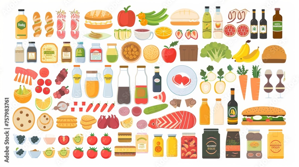 Icons set of grocery store, nutrition, and alcohol products. Groceries, fruits, vegetables, meat, fish, and seafood, bakery, and bread. Isolated on a white background. Icons set of grocery store, nutrition, and alcohol products. Groceries, fruits, vegetables, meat, fish, and seafood, bakery, and bread. Isolated on a white background.