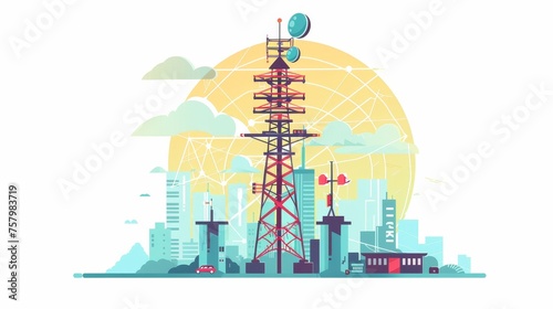 Towering transmission tower for radio signals and connections. Telecom structure, antennas, dishes. Modern flat illustration.