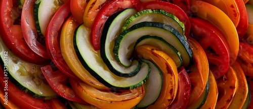 A vibrant swirl of colorful vegetables including red peppers, broccoli florets, cherry tomatoes, and green beans winds its way outwards from a central point.