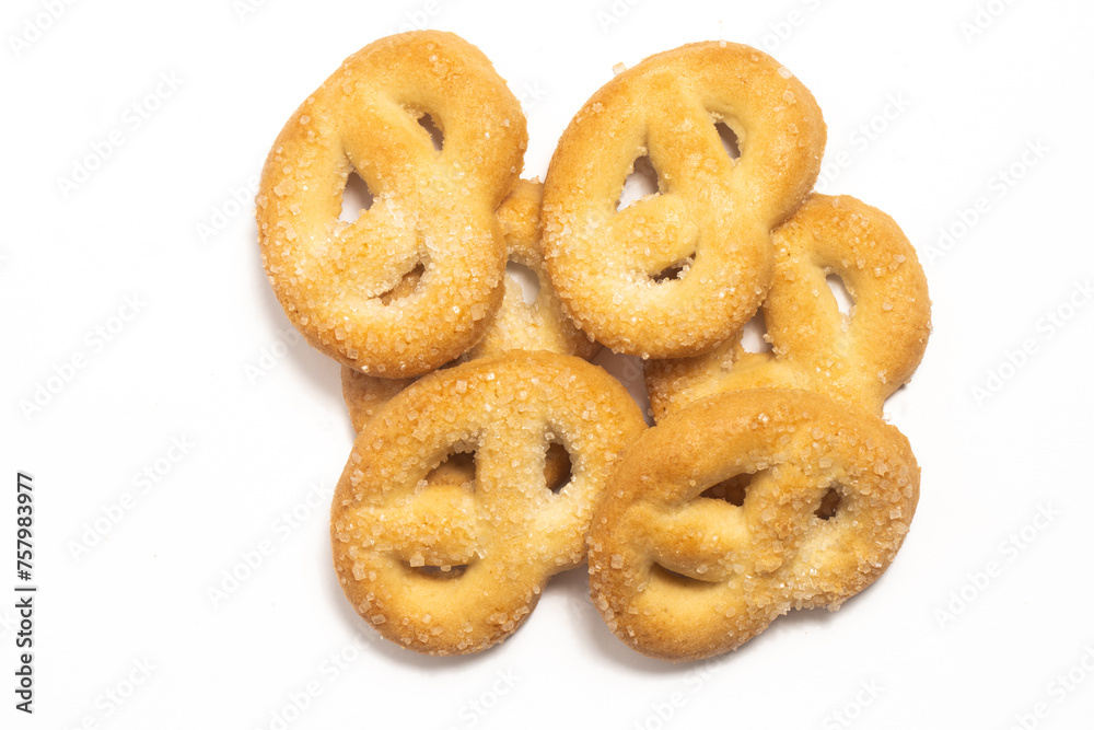 Group of danish butter cookies the pretzel cookie top view isolated on white background clipping path