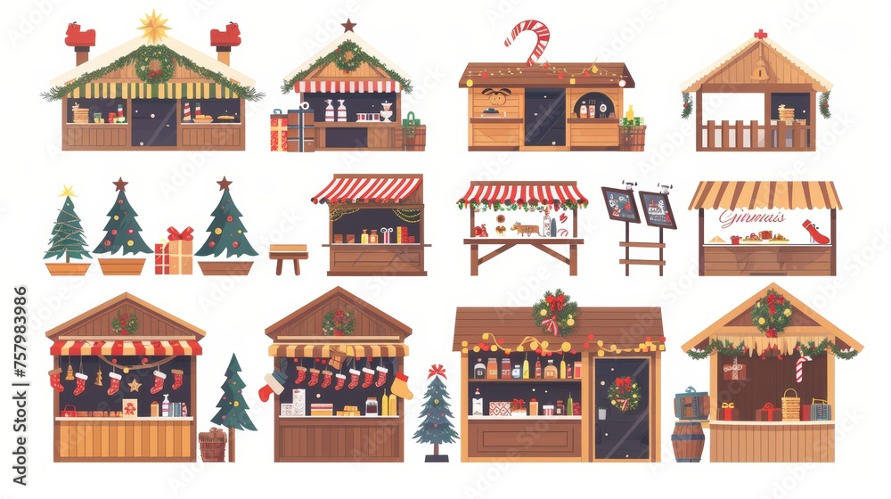 Christmas market stalls set. Wooden chalets, outdoor kiosks, shops. Winter holiday booths with drinks, food, and gifts. Isolated on white background, flat graphic modern illustration.