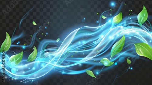Blue air or wind flow with green leaves. Glow waves and swirls, wand trails, fresh menthol breath or detergent isolated on transparent background, Realistic 3d modern illustration.