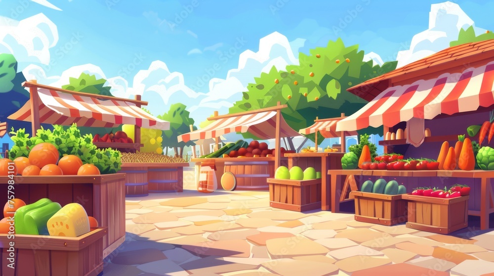 Fruits, vegetables, meats, cheeses, and other food items on counters and in crates. Modern cartoon landscape with market tents, wooden kiosks, and canopies.