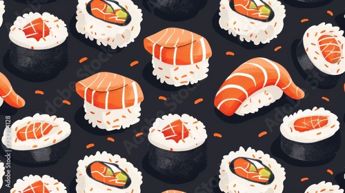 Seamless pattern for sushi, Japanese rolls, endless background, texture. Repeating pattern for textile, wrapping, package, or decoration. Printable flat modern icon.