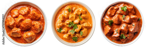 Set of tasty butter chicken curry or Murg Makhanwala or Tikka masala dish from Indian cuisine with garnish, closeup, isolated top view on transparent background, cutout  photo