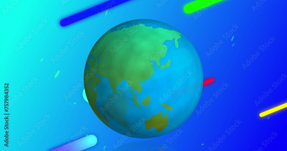Fototapeta premium Globe turning over colourful shapes moving diagonally across a sky blue background