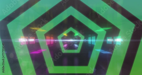 Green hexagons over colourful glowing blocks moving on black background