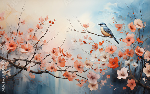 A beautiful oil painting of a bird sitting on the branch with blooming flowers, spring background © Mamital