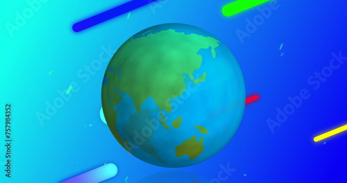 Globe turning over colourful shapes moving diagonally across a sky blue background