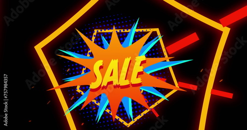 Sale written in yellow on comic book flash with orange hexagons moving on black background