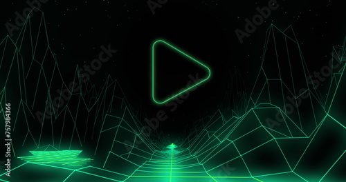Green triangle outline play button on black background with green grid moving below