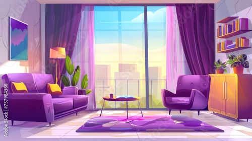Modern cartoon illustration showing an empty lounge interior with sofa  chair  cabinet  books on table  and panoramic window.