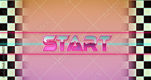 Start written in metallic pink with black and white checkerboard squares moving on left and right