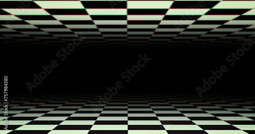 Checkerboard black and white squares moving above and below on black background
