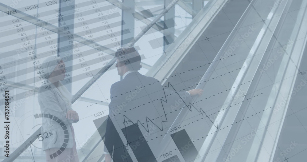 Obraz premium Image of financial data and graphs over diverse businesspeople talking on escalator