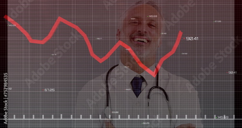 Image of financial data over happy senior caucasian male doctor