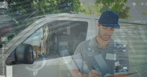 Statistical data processing against portrait of caucasian delivery man with clipboard smiling