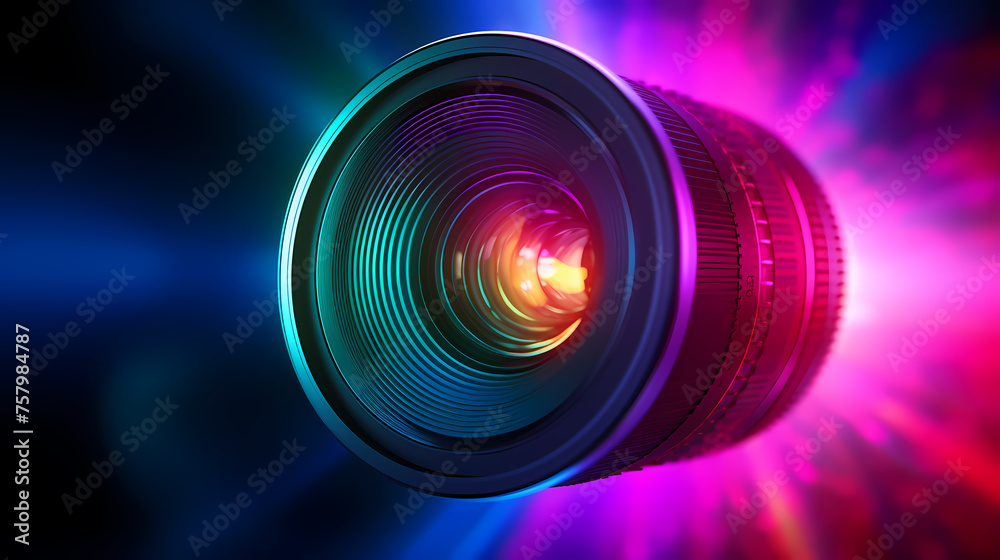Professional camera lens with colorful bokeh lights - obrazy, fototapety, plakaty 