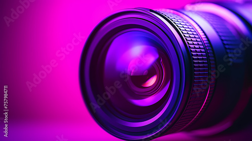 Professional camera lens with colorful bokeh lights