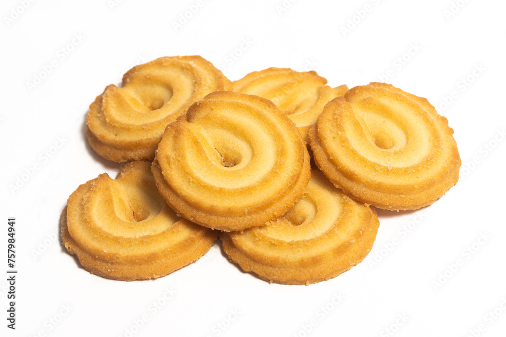 Group of danish butter cookies the vanilla ring cookie isolated on white background clipping path
