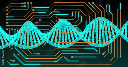 Image of dna strand spinning over computer circuit board