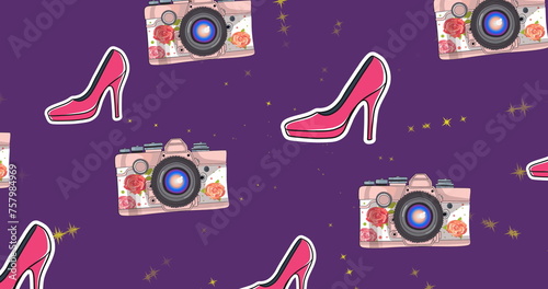 Image of shoes and camera icons over purple background