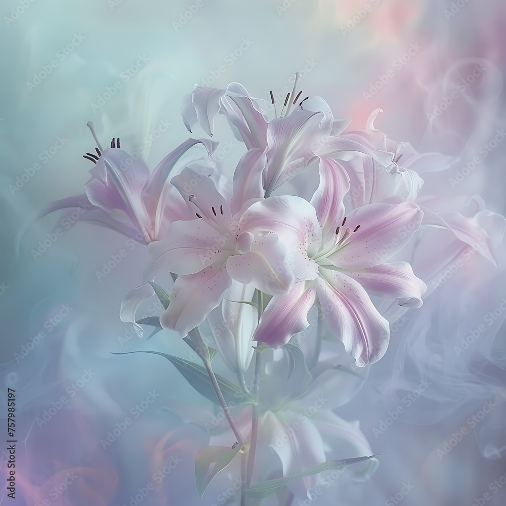 A delicate bouquet of lilies, each bloom seemingly whispering secrets against a backdrop of ethereal mist and pastel hues