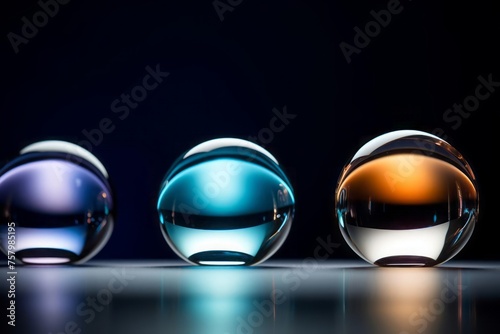 Clean polished glass spheres with edges with light from different colors
