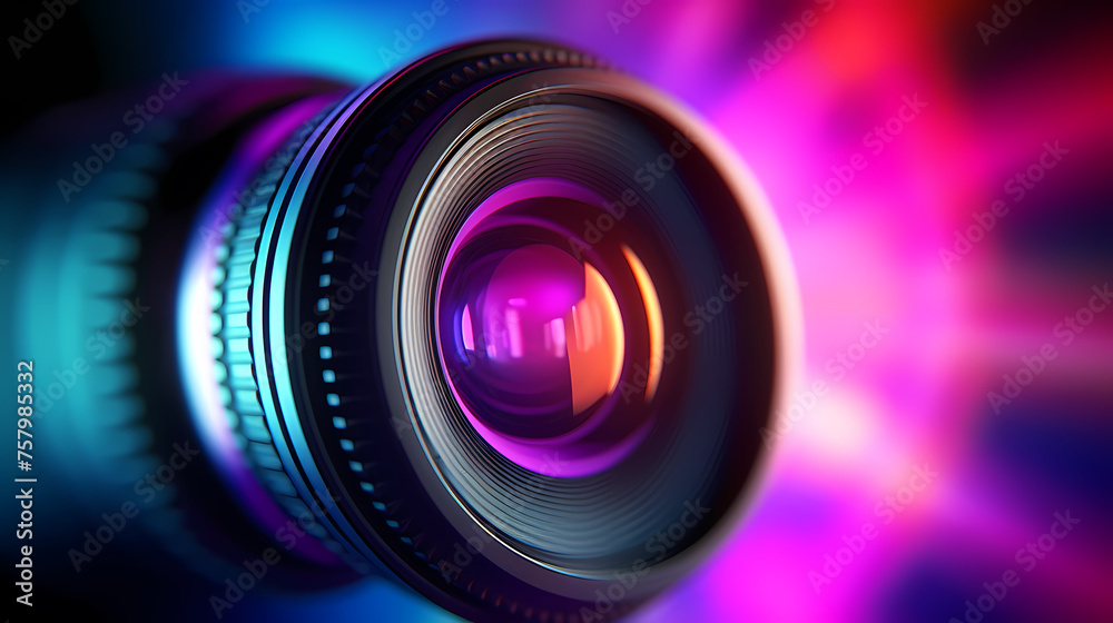 Professional camera lens with colorful bokeh lights - obrazy, fototapety, plakaty 