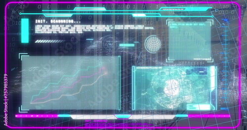 Image of interface with data processing and mathematical equations against server room