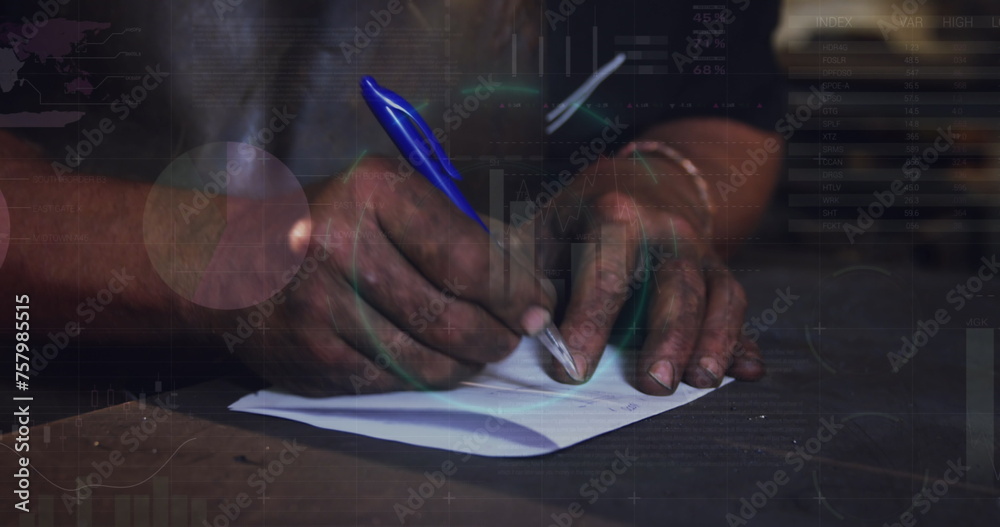 Fototapeta premium Image of data processing over african american man using taking notes