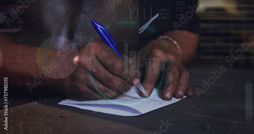 Image of data processing over african american man using taking notes