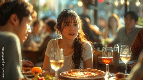 A woman is seated at a table  enjoying a meal with a pizza and wine glasses.
