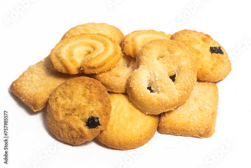 Group of assorted of danish butter cookies isolated on white background clipping path
