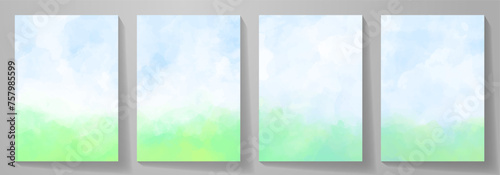 Set of summer landscape vector watercolor background with blue sky, white clouds and green field. Watercolor illustration for interior, flyers, poster, cover. Abstract modern hand draw painting.