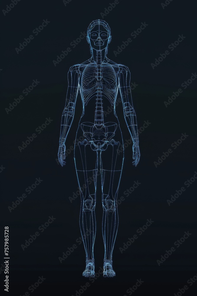 Glowing hologram of human body 3D structure with dark background. Glowing hologram of human body 3D structure with dark background.